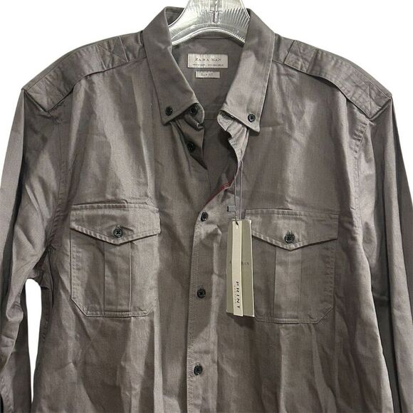 Zara Man Men's M Gray Long Sleeve Button-Up Shirt Stop Looking For Answers - Picture 4 of 16
